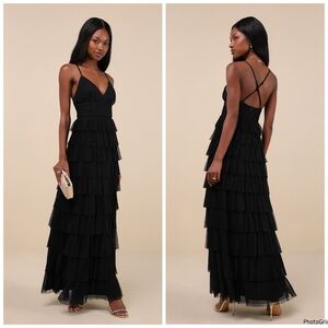 NWOT Lulu’s Radiant Event Black Mesh Tiered Maxi Dress $108 Size XS